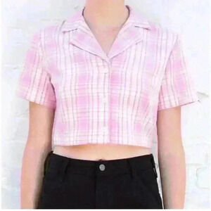 Brandy Melville Vivian Bubblegum Pink Gingham Plaid Cropped Polo Button Down Top